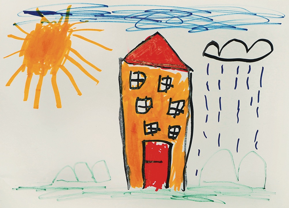 La casa gialla tra il sole e la pioggia, disegno infantile, fonte Wikimedia.
