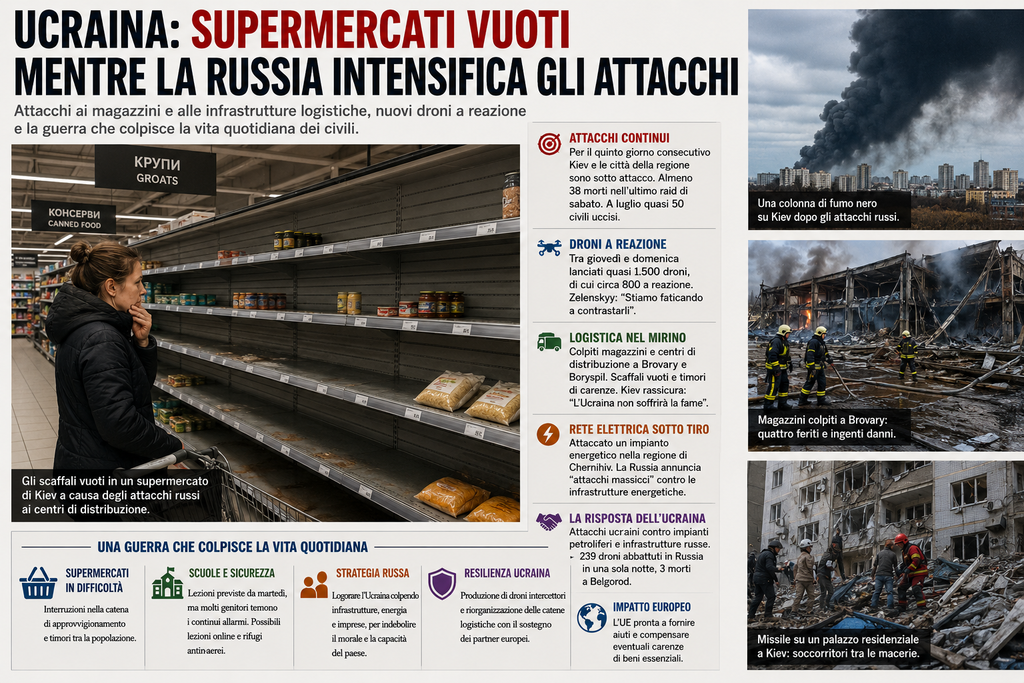 Ucraina, la guerra entra nei supermercati: attacchi russi alla logistica svuotano gli scaffali mentre Kiev affronta la nuova minaccia dei droni a reazione