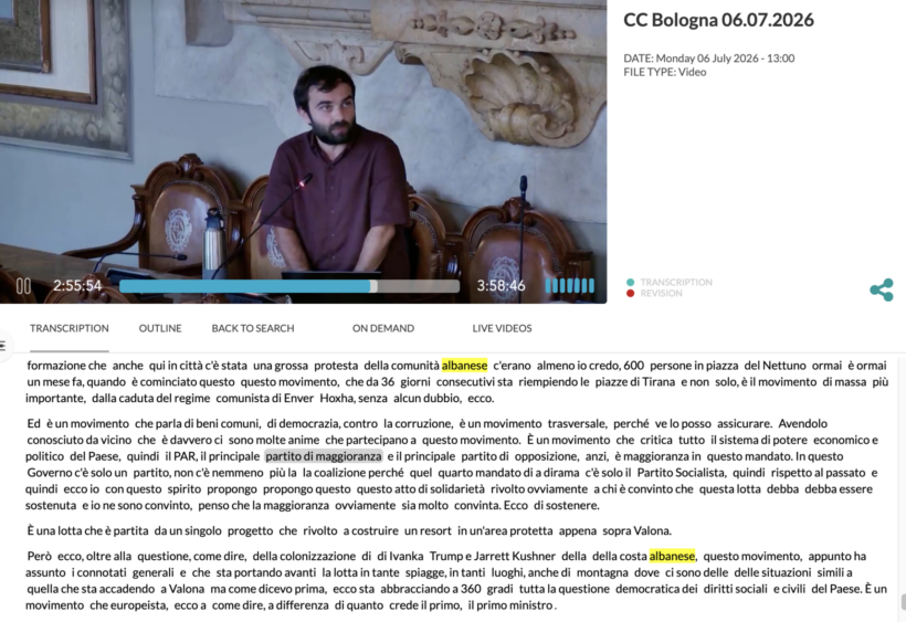 Il consigliere comunale Detjon Begaj interviene nell’aula del Consiglio comunale di Bologna durante la presentazione della mozione a sostegno delle mobilitazioni in Albania.