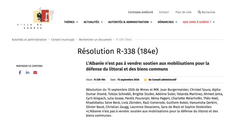 Pagina del sito ufficiale della Città di Ginevra dedicata alla risoluzione R-338-184, intitolata “L’Albania non è in vendita: sostegno alle mobilitazioni per la difesa del litorale e dei beni comuni"