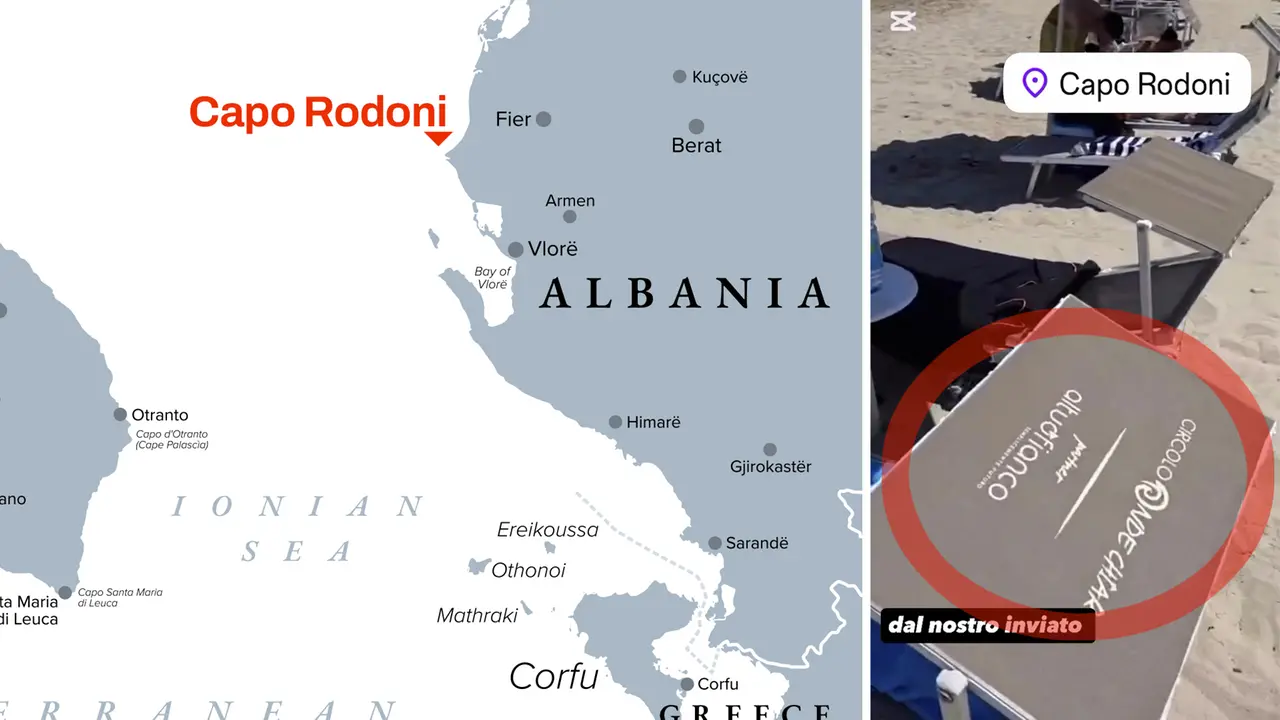 Capo Rodoni (a sinistra) in Albania e i lettini (a destra) con ancora le scritte del Circolo di Reggio in cui sono stati rubati