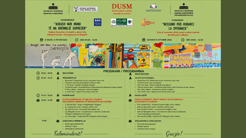 Nessuno può rubarci la speranza”: l’8 ottobre a Tirana una conferenza su salute mentale e diritti umani – NEWS Nessuno può rubarci la speranza”: l'8 ottobre a Tirana una conferenza su salute mentale e diritti umani - NEWS