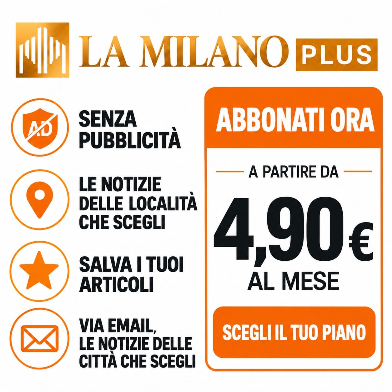 La Milano Plus: abbonamento per leggere La Milano senza pubblicità, salvare articoli, ricevere notizie personalizzate per città e regioni e riepiloghi email.