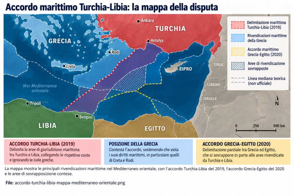 Mappa illustrativa dell'accordo marittimo Turchia-Libia e delle rivendicazioni di Grecia ed Egitto nel Mediterraneo orientale.