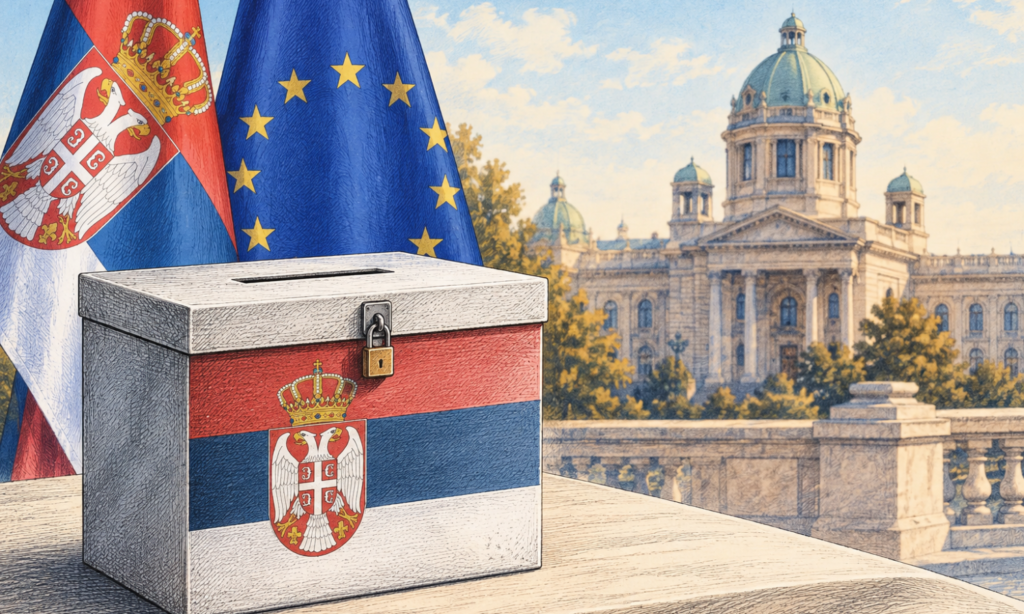 Serbia, l’Ue chiede riforme dopo il voto Un’urna elettorale chiusa in primo piano, con le bandiere di Serbia e Unione europea sullo sfondo.